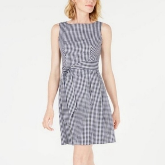 🆕️ Anne Klein Gingham Navy-White Dress. Detachable Waist Belt. NWT - Picture 3 of 12